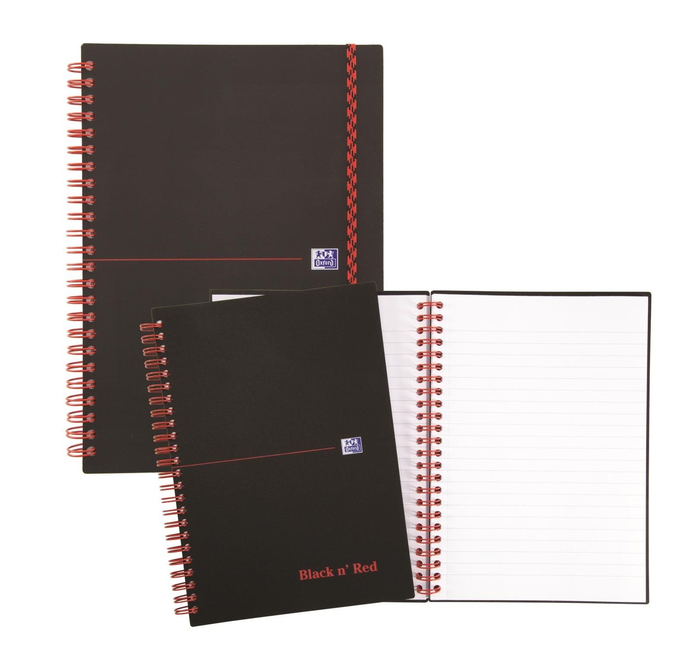 Kollegieblock Oxford Black n' Red med svarta PP-linjerade sidor och spiralbindning i rött