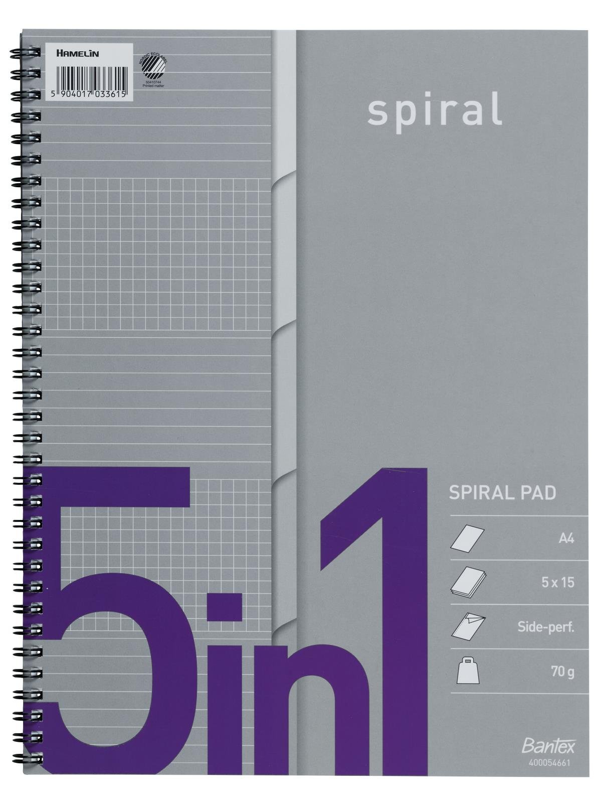 Ämnesblock Bantex 5-flik linjerat spiralblock med spiral på vänster sida, 70g papper, A4 storlek