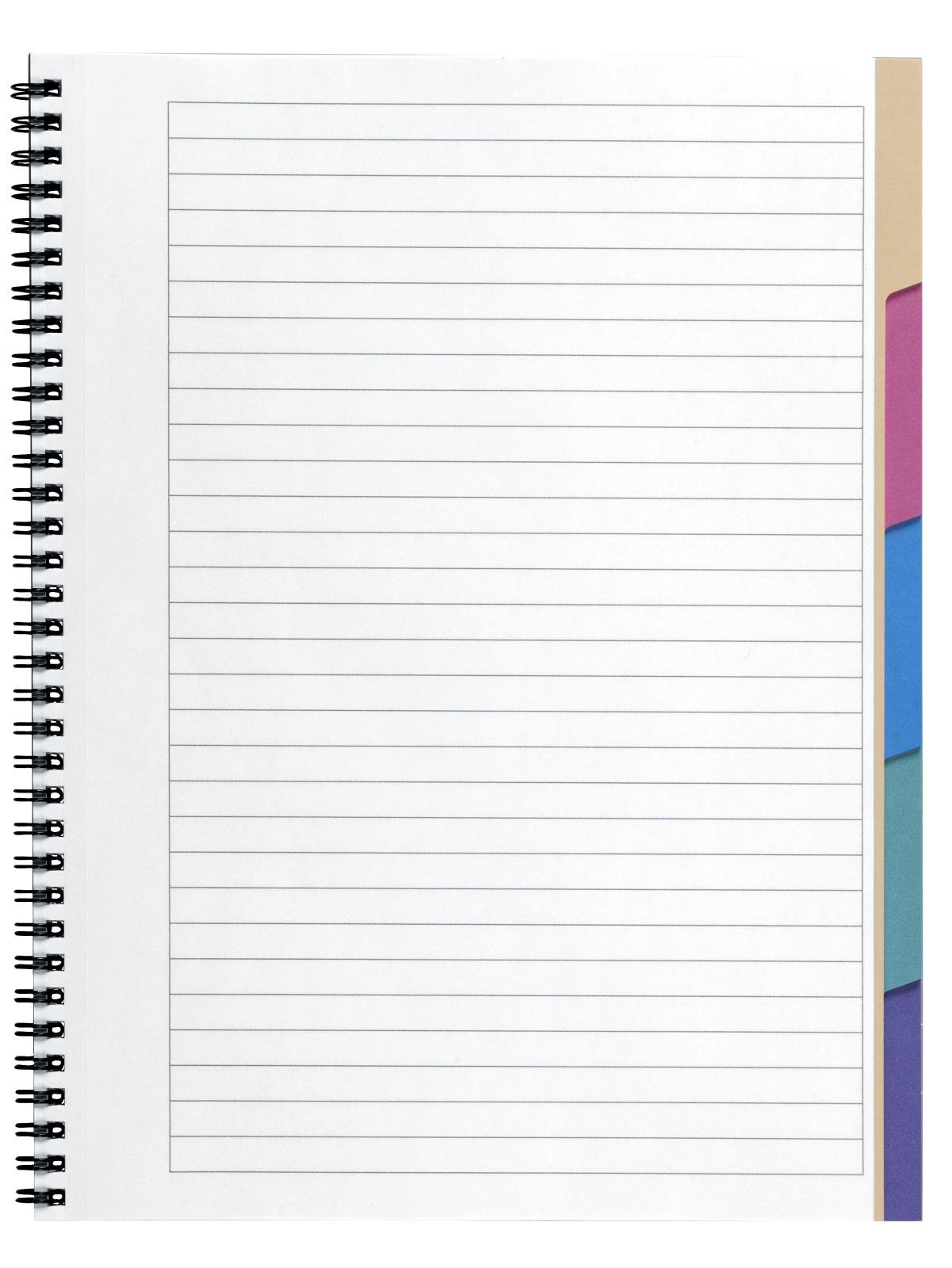 Linjearbetsblock med fem flikar och linjerat papper i 70g vikt, spiralbundet på vänster sida