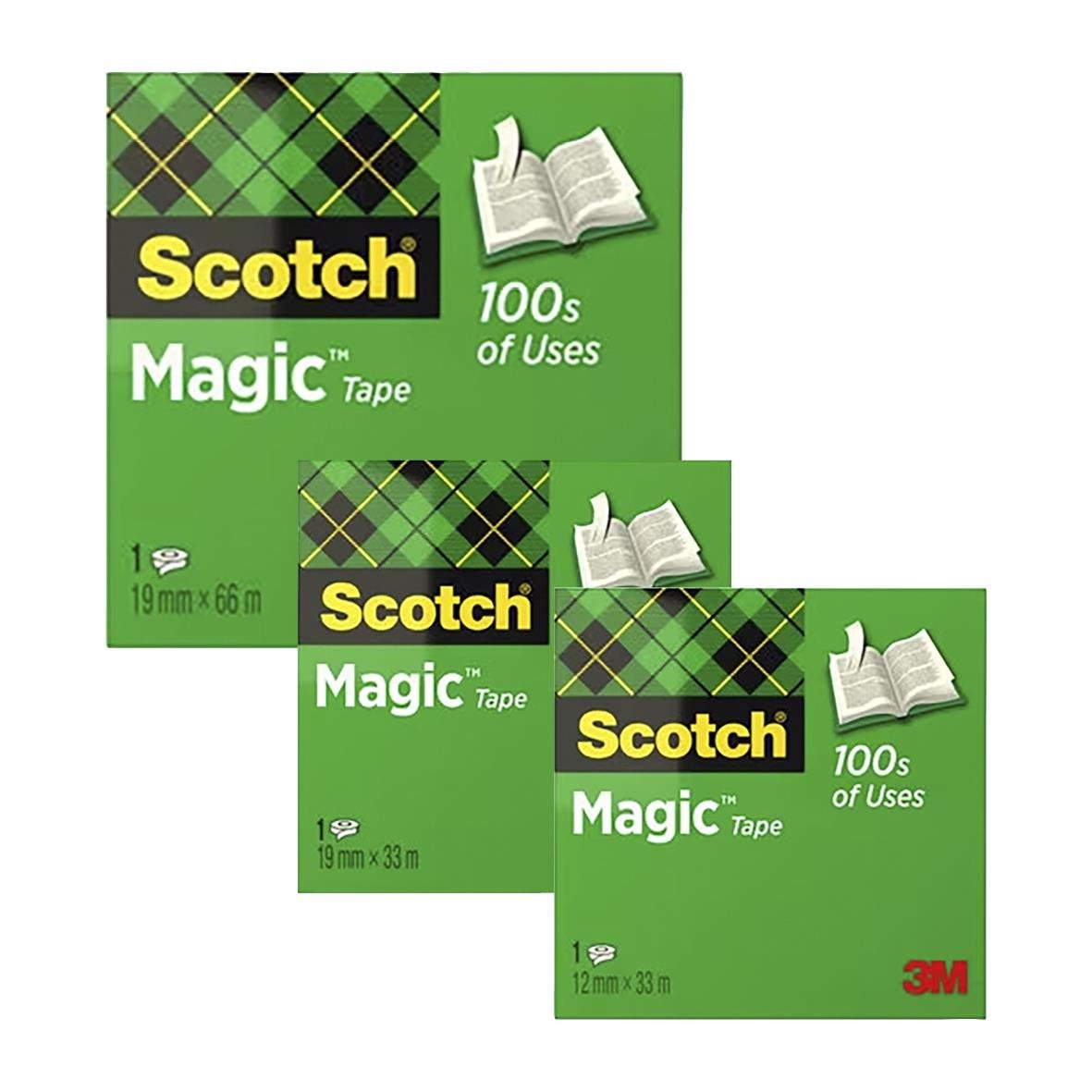 Två paket Scotch Magic tejp i olika storlekar, gröna förpackningar med svart och gult mönster