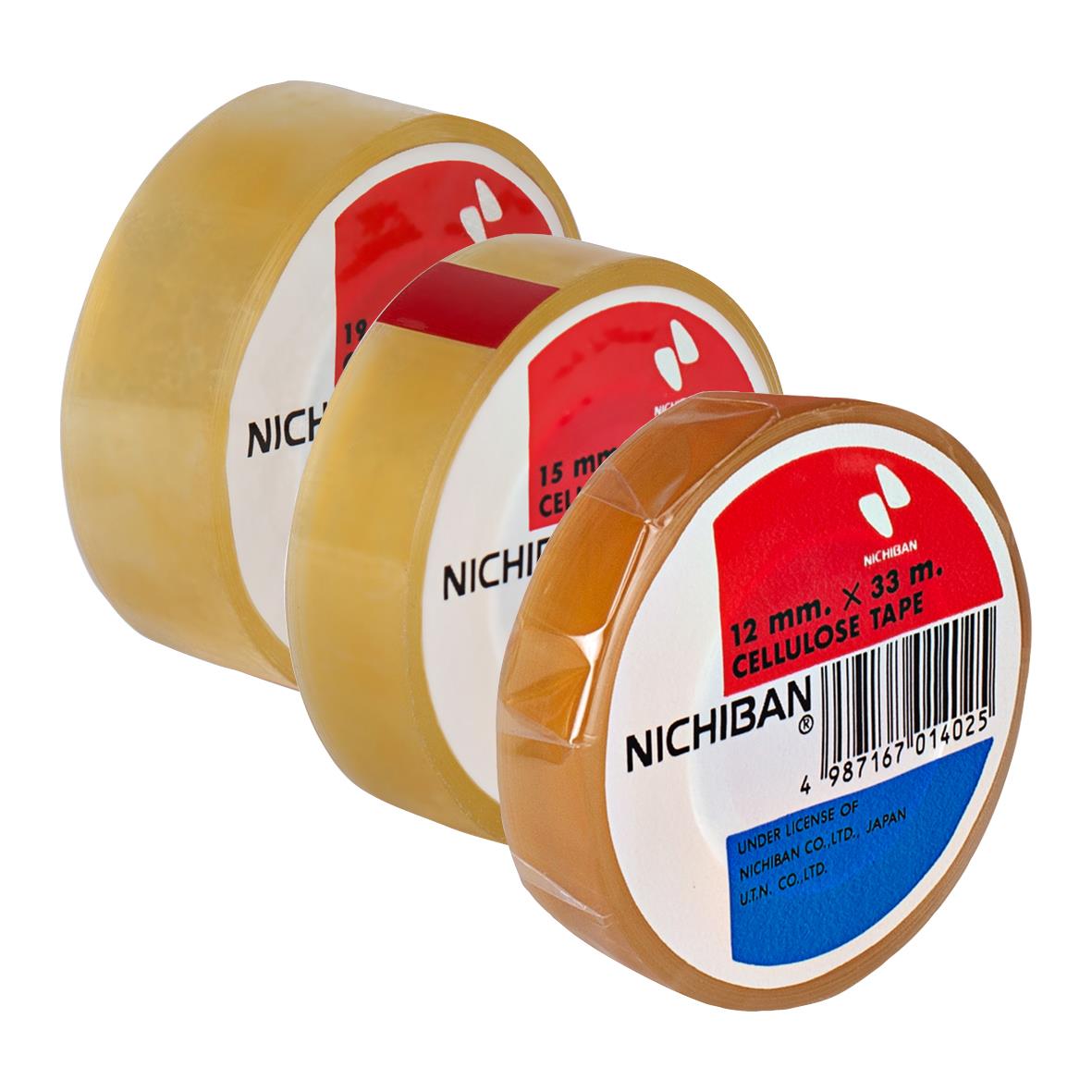 Tre rullar kontorstejp Nichiban 901 Cellofan 33m i olika storlekar