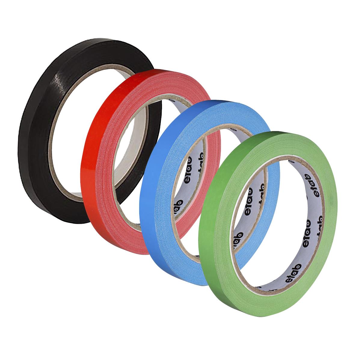 Påsförslutningstejp i PVC, 9mm bred, 66m lång, i färgerna svart, röd, blå och grön