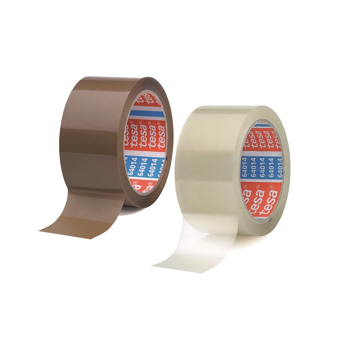 Två rullar packtejp Tesa 64014 Professional PP 50mm x 66m, en brun och en transparent