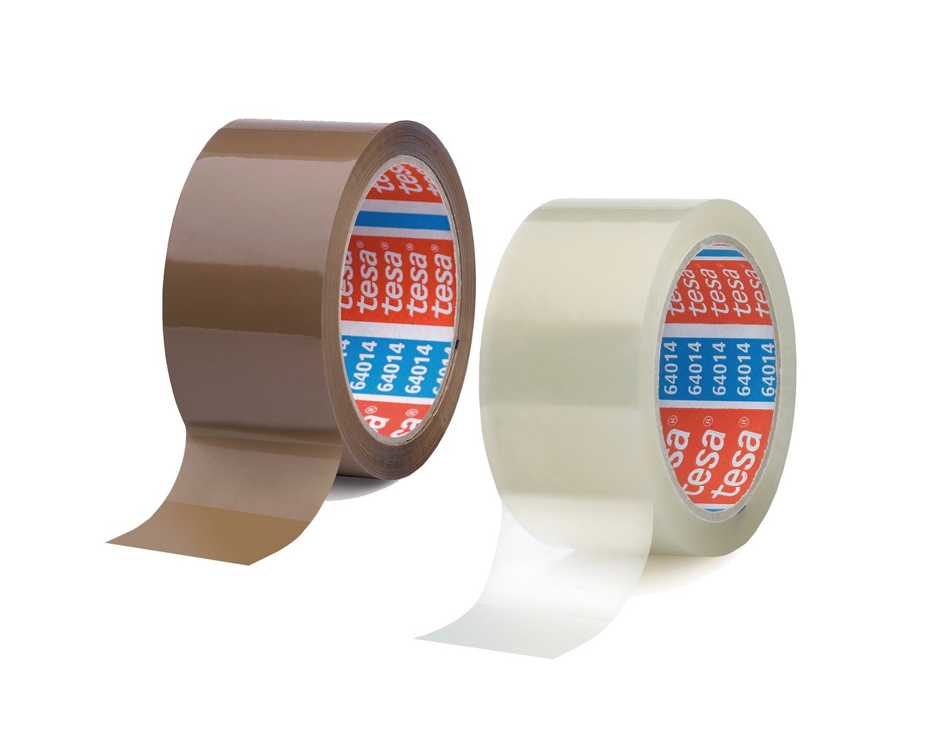 Två rullar packtejp Tesa 64014 Professional PP 50mm x 66m, en brun och en transparent