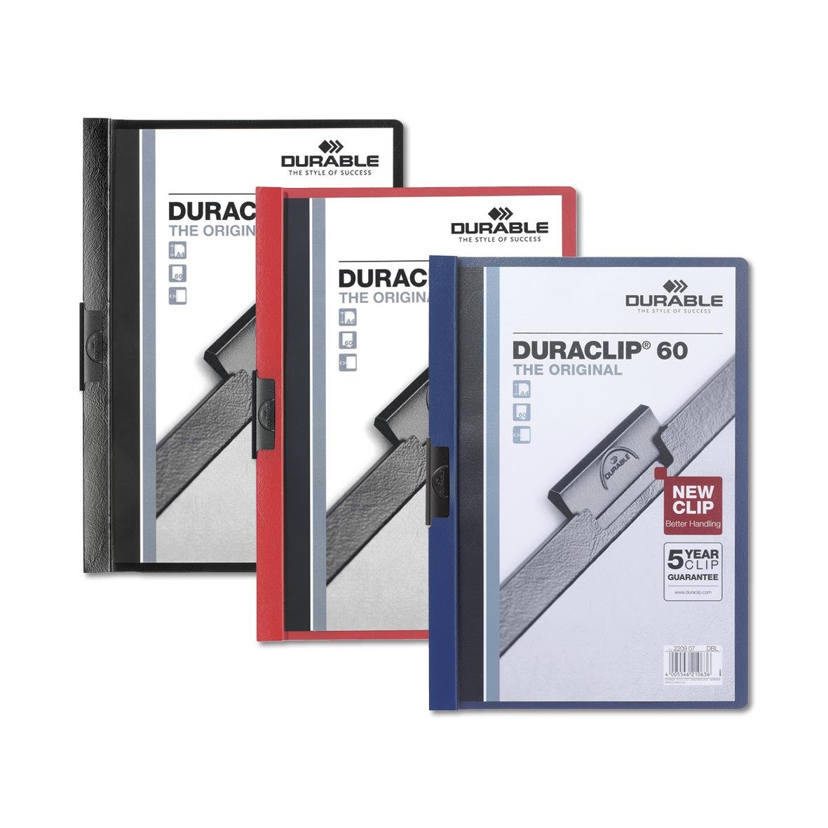Klämmapp Durable Duraclip för 60 ark A4 i svart, rött och blått med clips och 5 års garanti