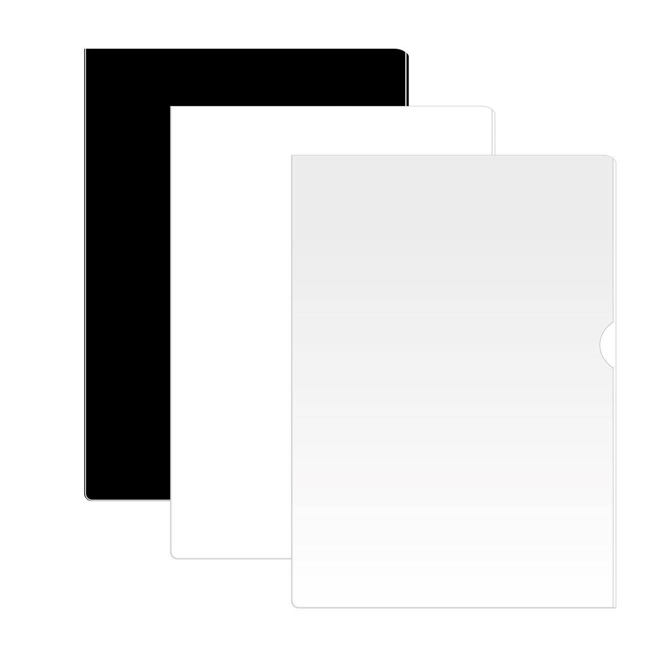 Tre plastmappar i svart, vitt och transparent i A4 storlek, 0,35mm tjocklek