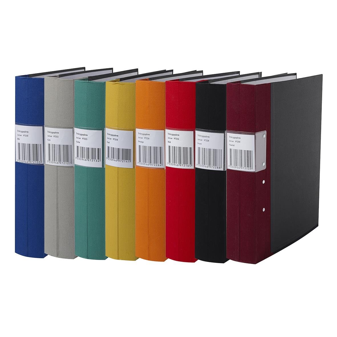 Gaffelpärm AllOffice 60mm A4 i olika färger, staplade med etiketter