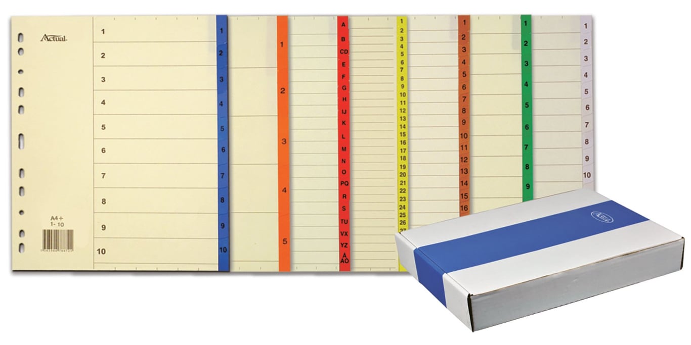 Pärmregister med plastförstärkta flikar i olika färger för A4+ papper