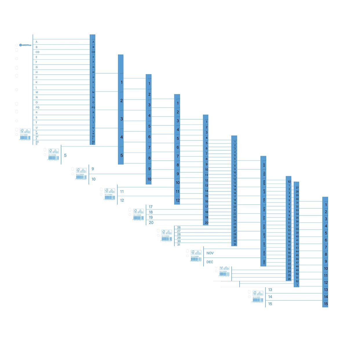 Pärmregister för allmänna papper i A4-storlek med numrerade flikar och linjer för organisering