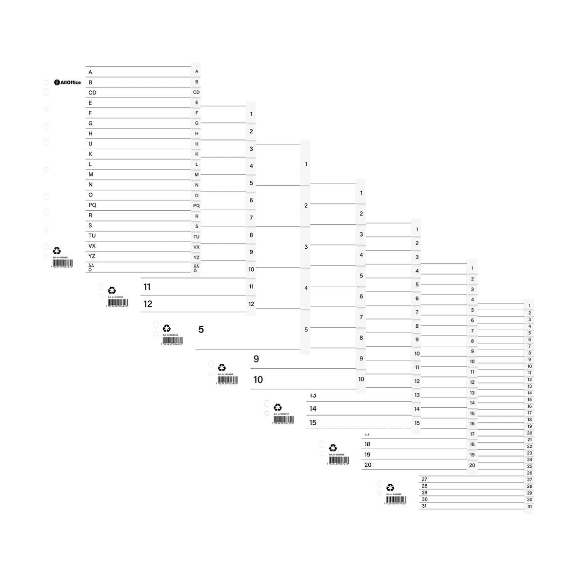 Pärmregister i plast med rubrikblad för A4, inklusive numrerade flikar och alfabetisk index