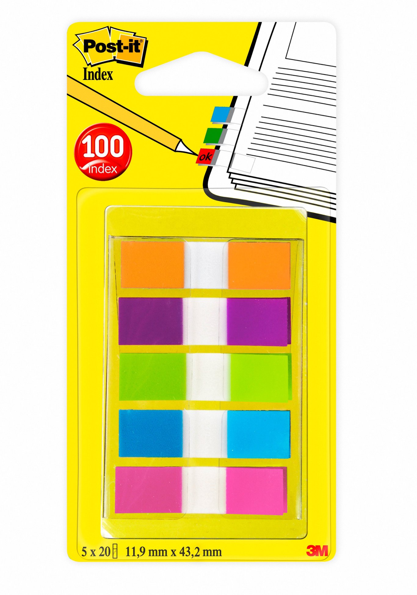 Post-it märkflikar i 5 färger, 11,9x43,2mm, 100 stycken