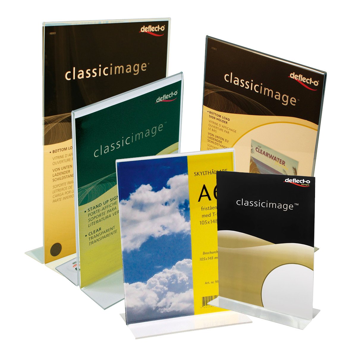 Skyltställ av akryl i T-fot för A3 till A7 storlekar med olika färger och design
