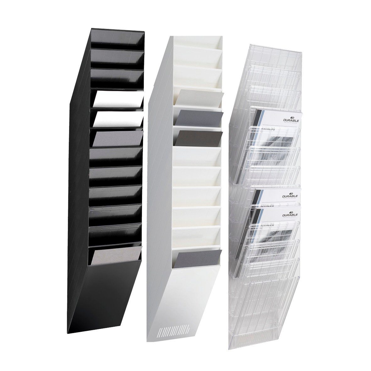 Tre olika färgade fack för dokumentförvaring, svart, vit och transparent, i A4-storlek stående