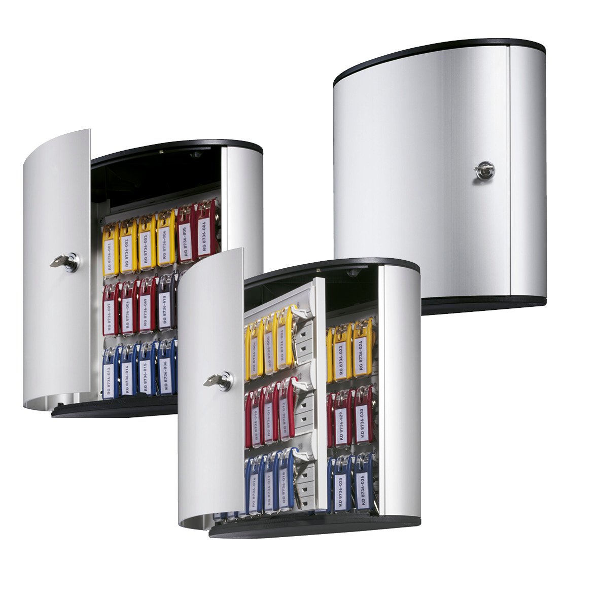 Nyckelskåp i metall med lås och färgade nyckelband, väggmonterat för säker förvaring