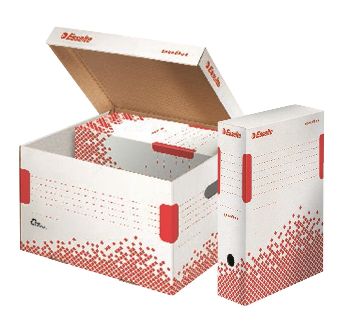 Arkivbox Esselte Speedbox A4 med öppen lock och stängd box