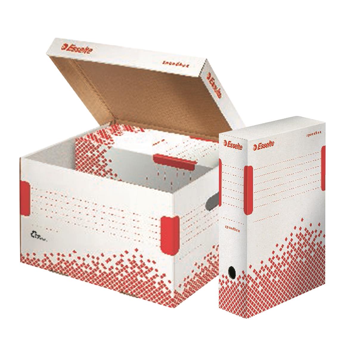 Arkivbox Esselte Speedbox A4 med öppen lock och stängd box