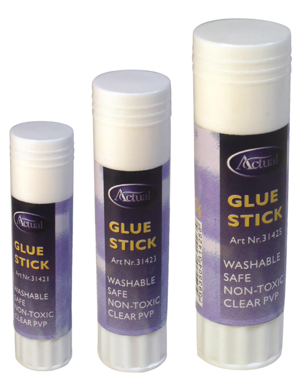 Tre limstift i olika storlekar med svart och gult etikett, vattenbaserad, tvättbar, giftfri, klar PVP