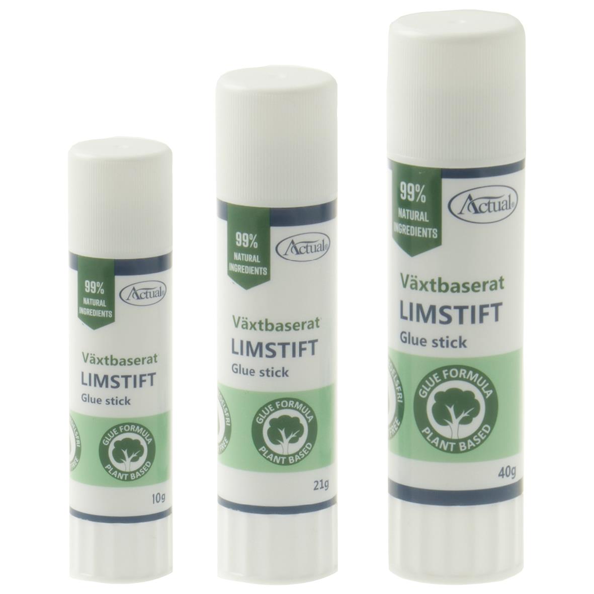 Tre limstift med växtbaserade ingredienser och miljövänlig etikett