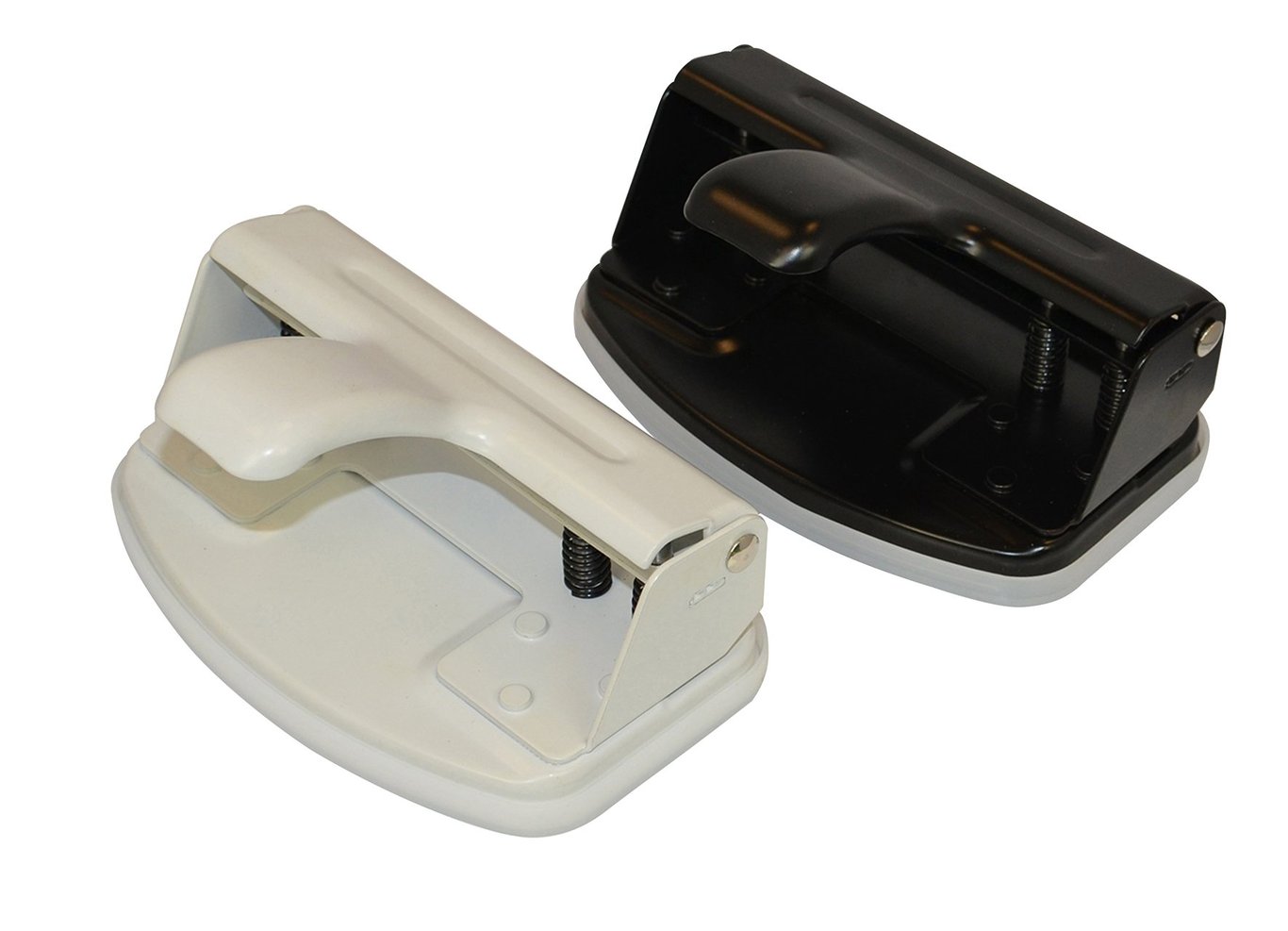 Två hålslag, ett vitt och ett svart, för kontorsbruk