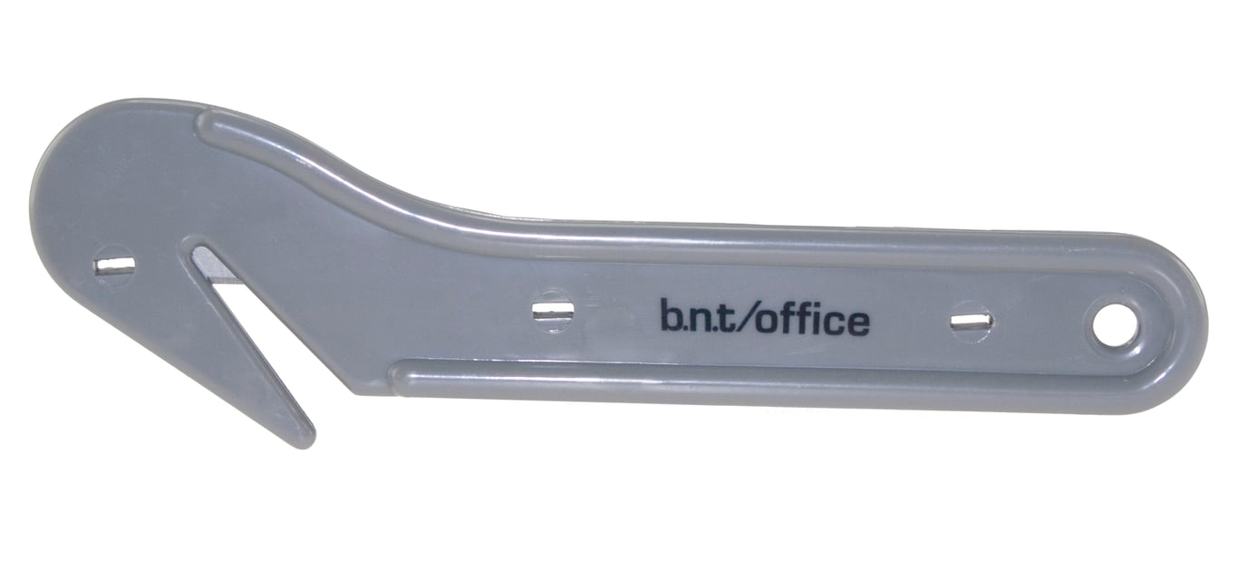 Blå kartongöppnare med krok och handtag för att öppna konservburkar