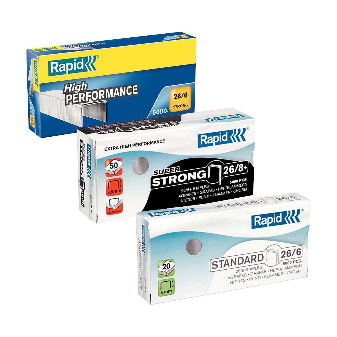 Tre olika paket med häftklamrar från Rapid i olika storlekar och färger