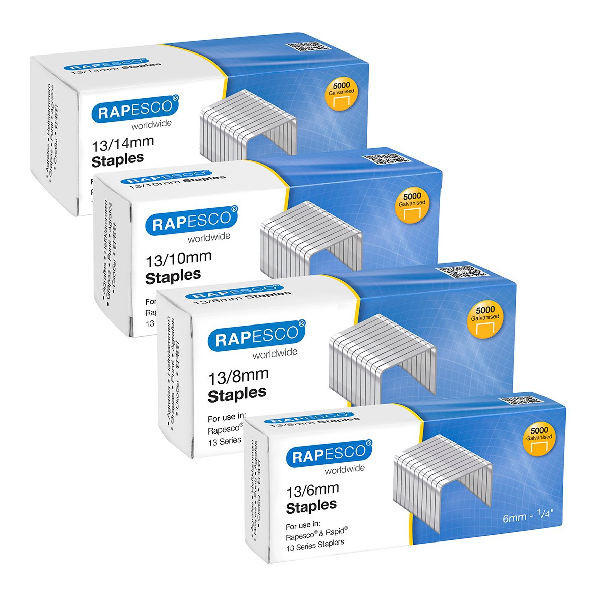 Fyra askar med Rapesco häftklamrar i olika storlekar, blå och vita, för kontorsbruk