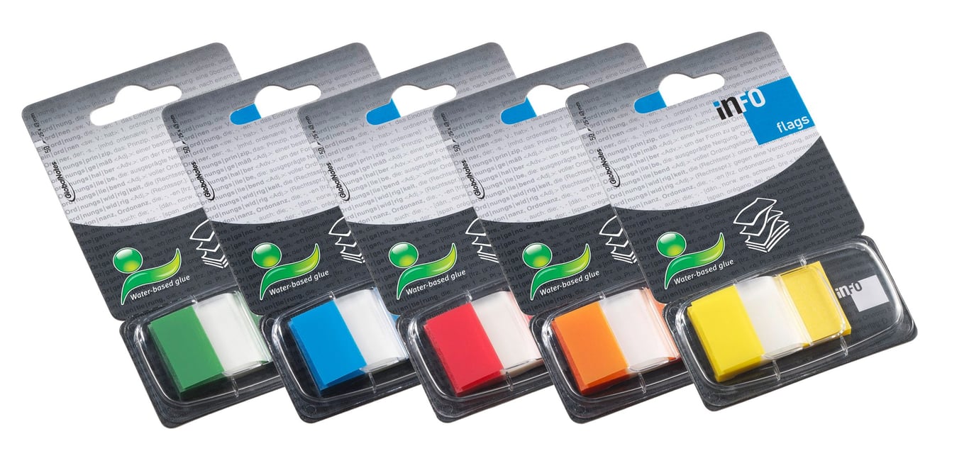 Set med 50 färgade märkflikar i storlek 25x43mm i förpackning