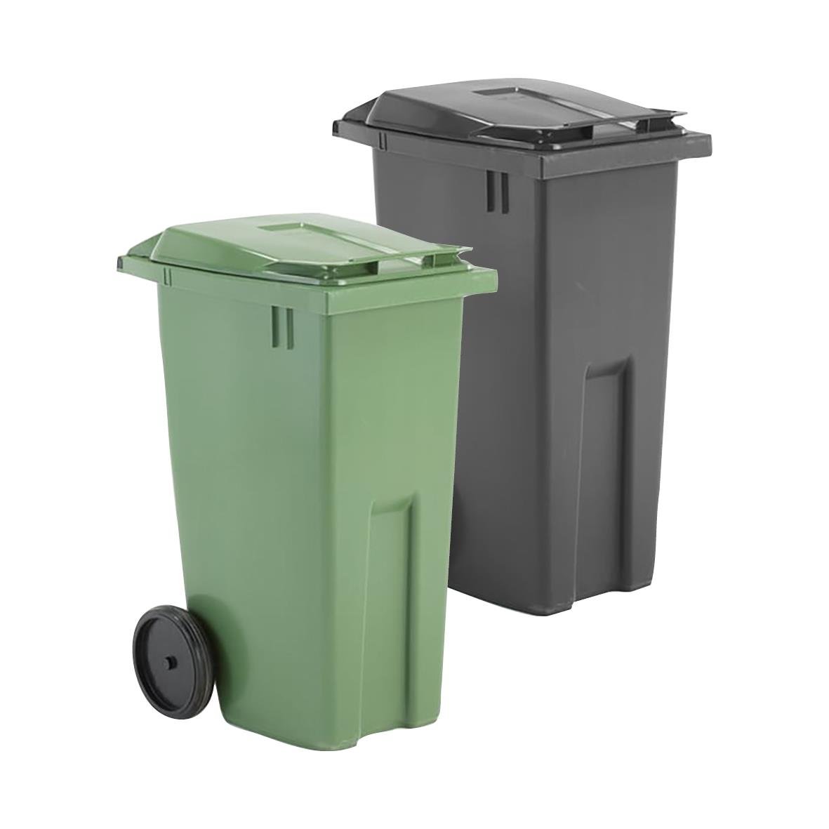 Två sopkärl, en grön och en svart, med hjul och lock, för avfallshantering, mått 1075x545x690mm