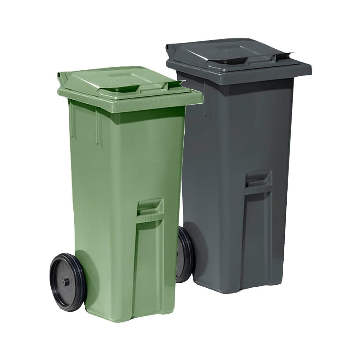 Två sopkärl i grönt och mörkgrått med hjul, mått 1060x480x540mm