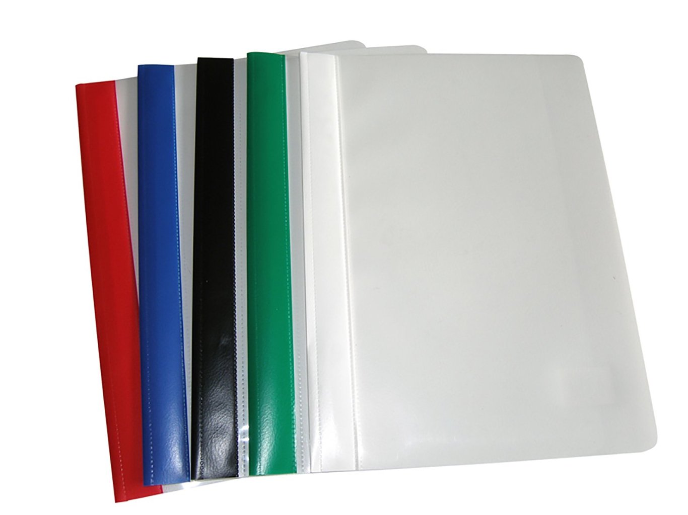 Offertmapp med täckskena i olika färger: röd, blå, svart, grön och vit