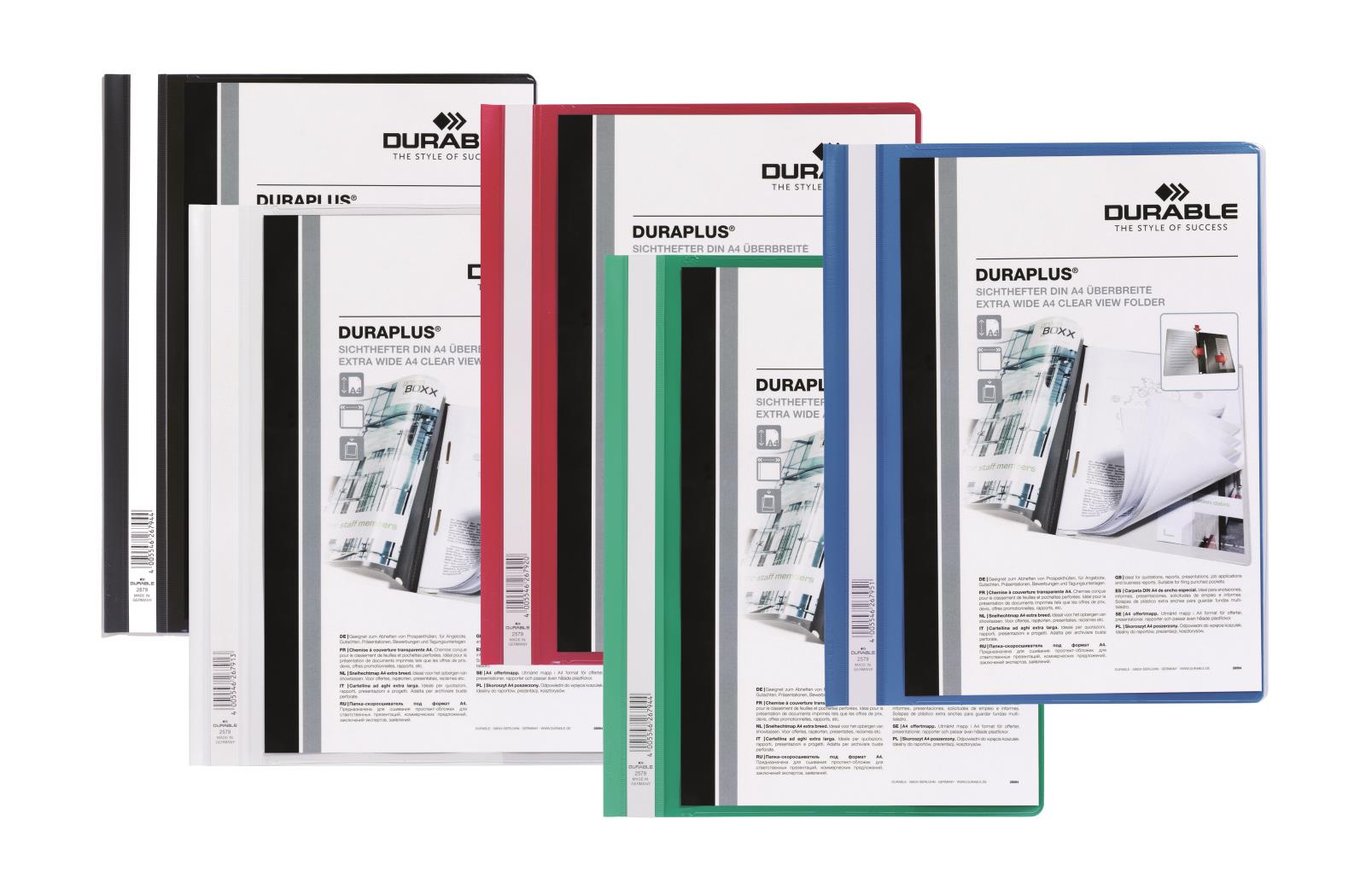 Durable Duraplus offertmapp med ficka för A4, extra bred och transparent, svart och vit design