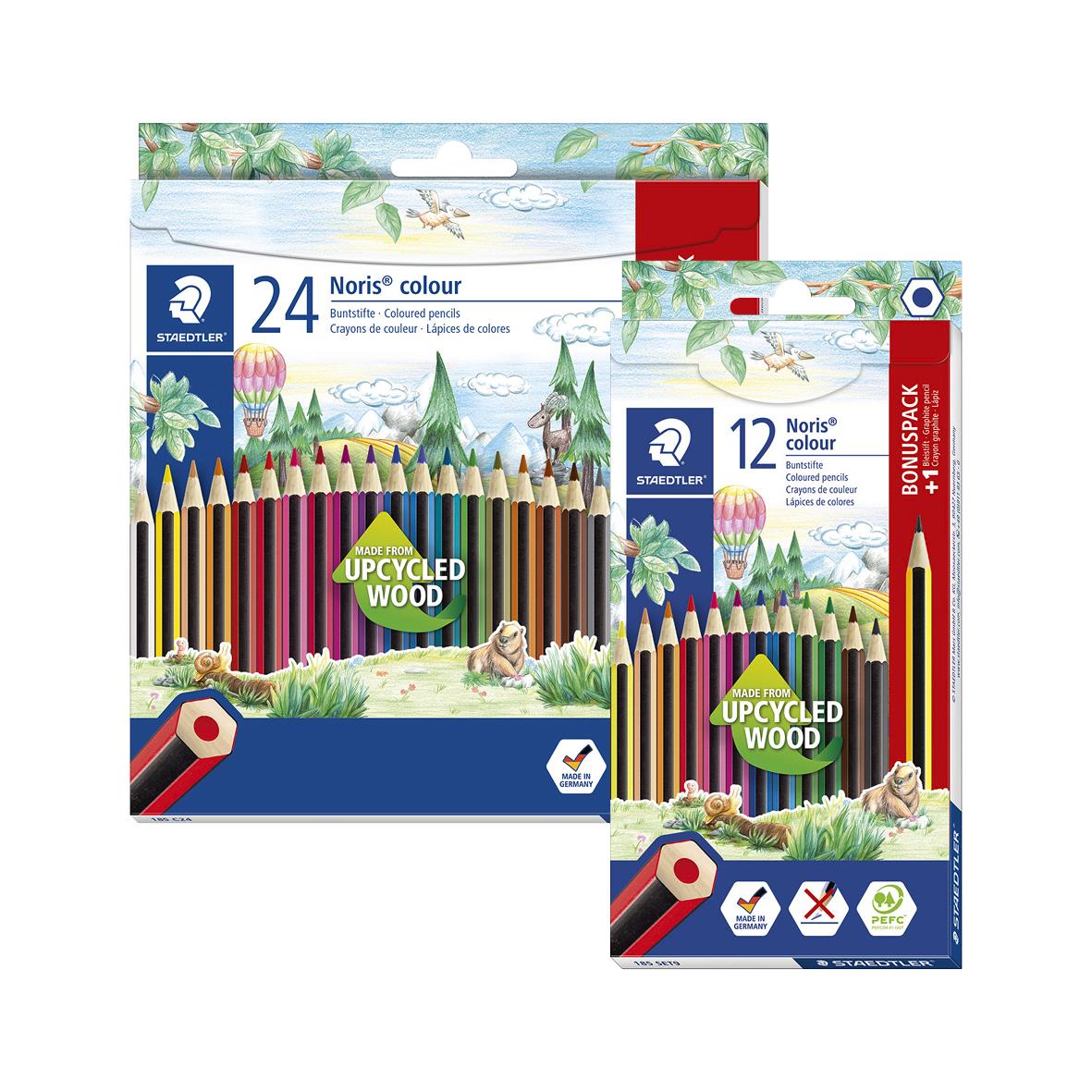 Färgpennor och blyertspennor i förpackning med naturmotiv och text om återvunnet trä