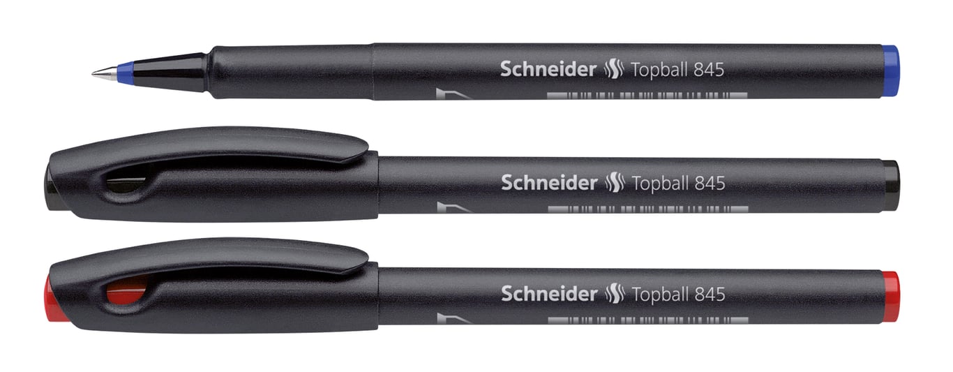 Tre Schneider Topball 845 bläckpennor i svart, blå och röd färg