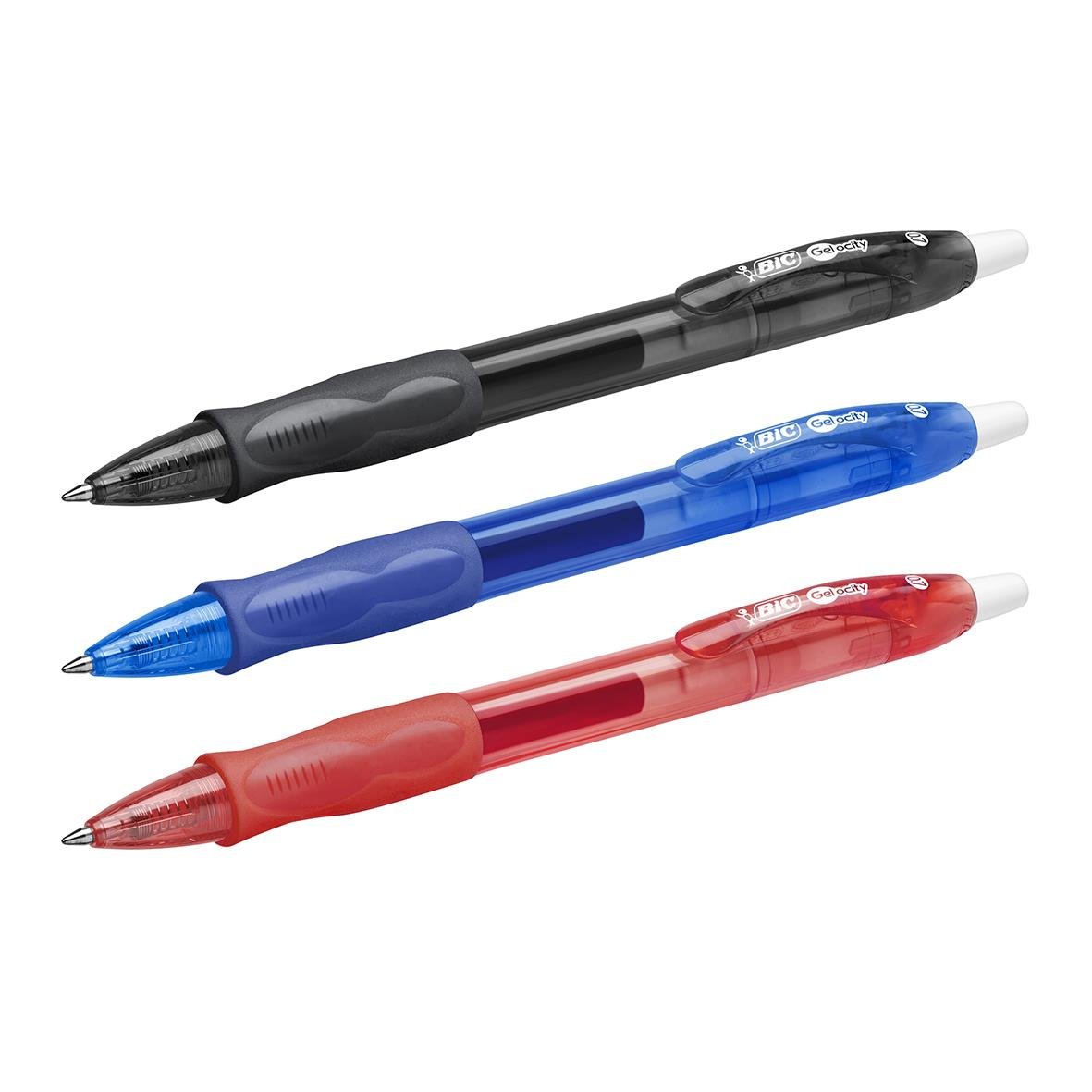 Tre gelpennor i svart, blå och röd färg