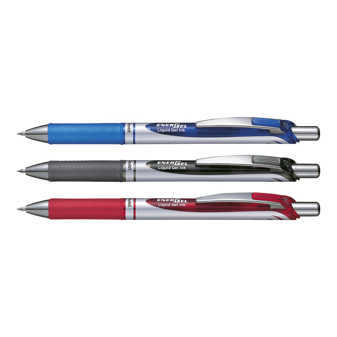 Tre gelpennor i blå, svart och röd färg med metallklämmor