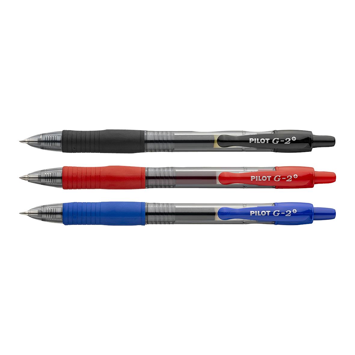 Tre gelpennor Pilot G2 0,5 i svart, rött och blått färgade handtag