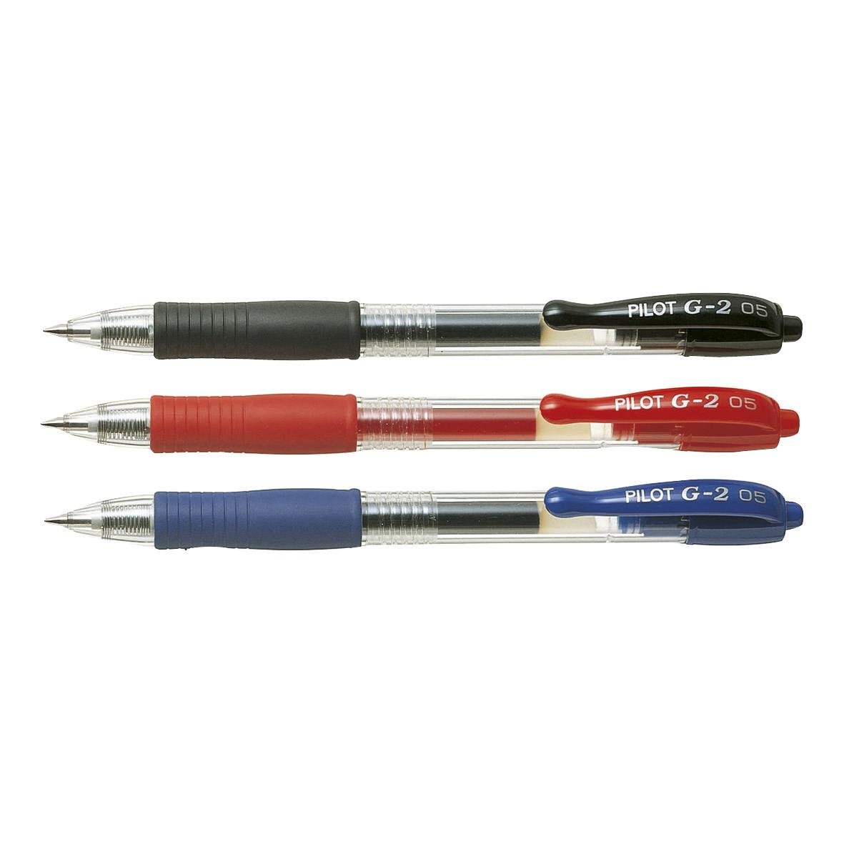 Tre gelpennor Pilot G2 0,5 i svart, rött och blått färgade handtag