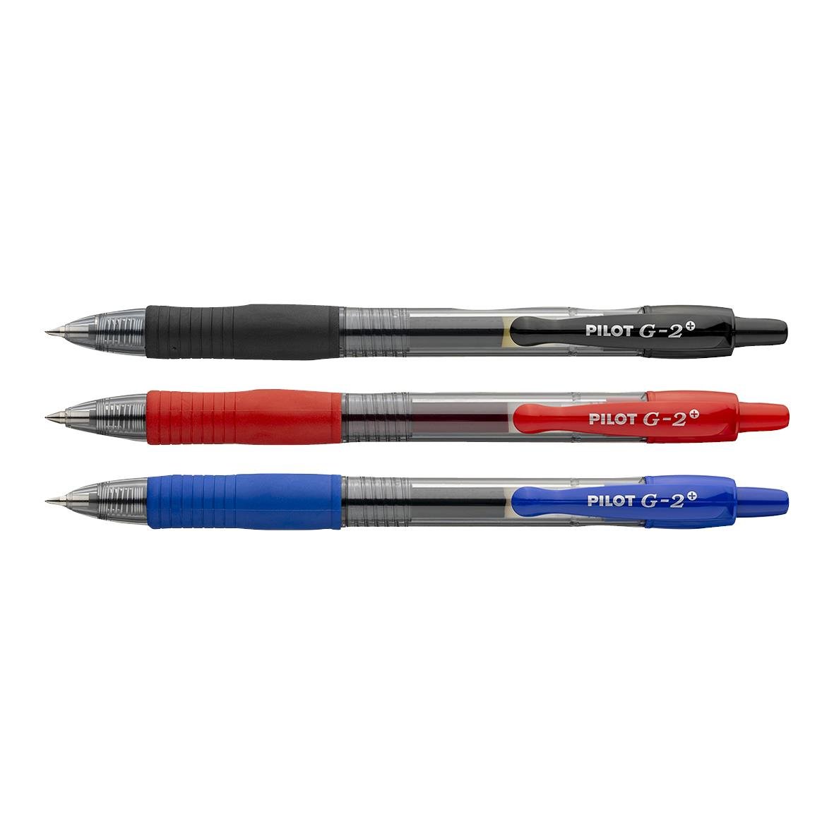 Tre gelpennor Pilot G2 0,5 i svart, rött och blått färgade handtag
