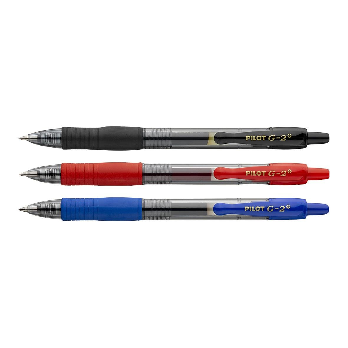 Tre Pilot G2 0,7 gelpennor i svart, rött och blått med transparent kropp och clip