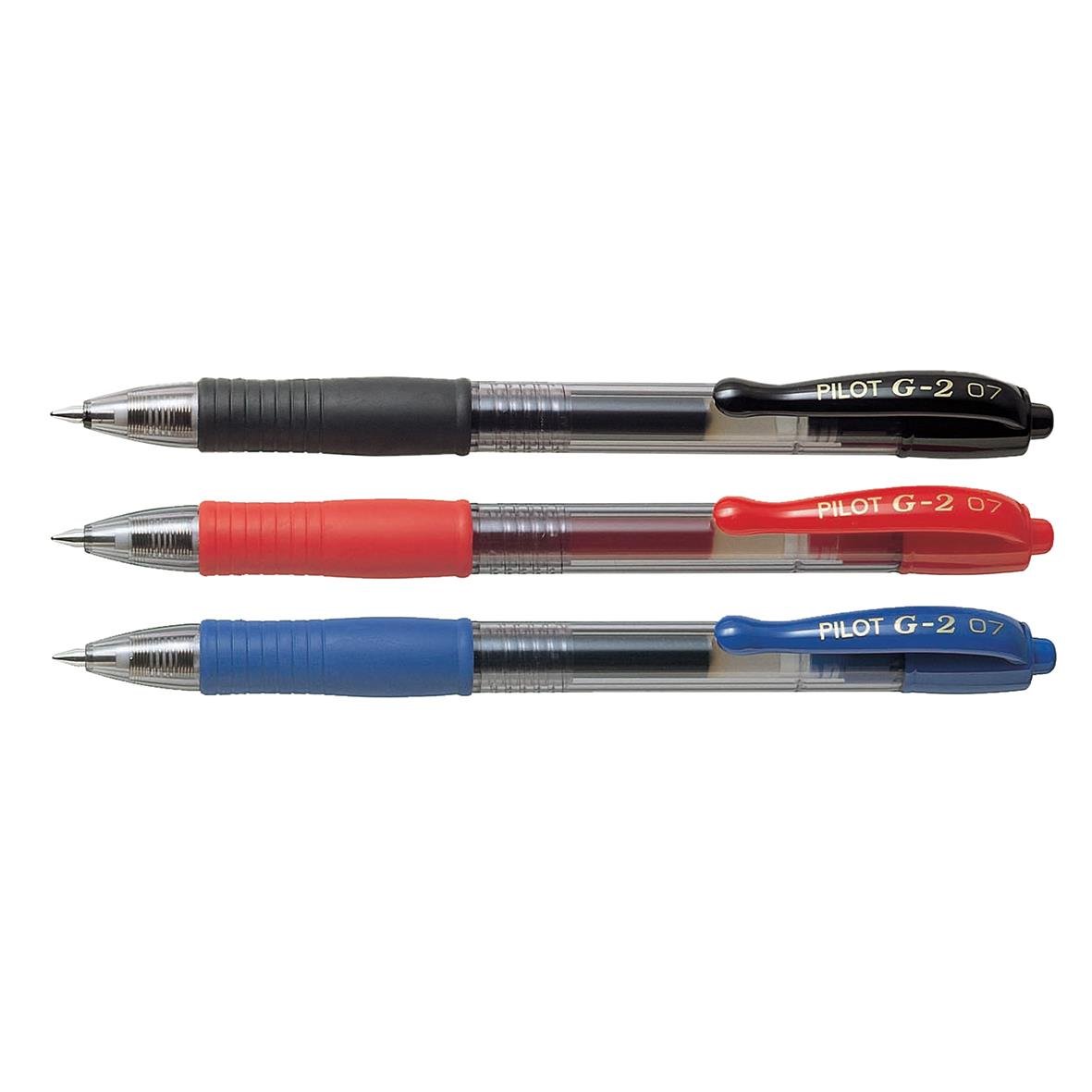 Tre Pilot G2 0,7 gelpennor i svart, rött och blått med transparent kropp och clip