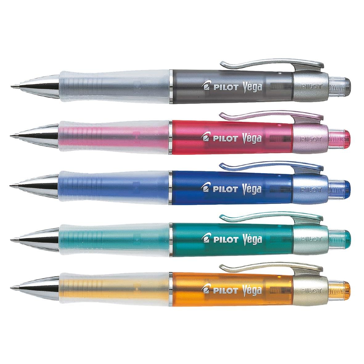 Fem Pilot Vega gelpennor i olika färger: silver, rosa, blå, grön och orange