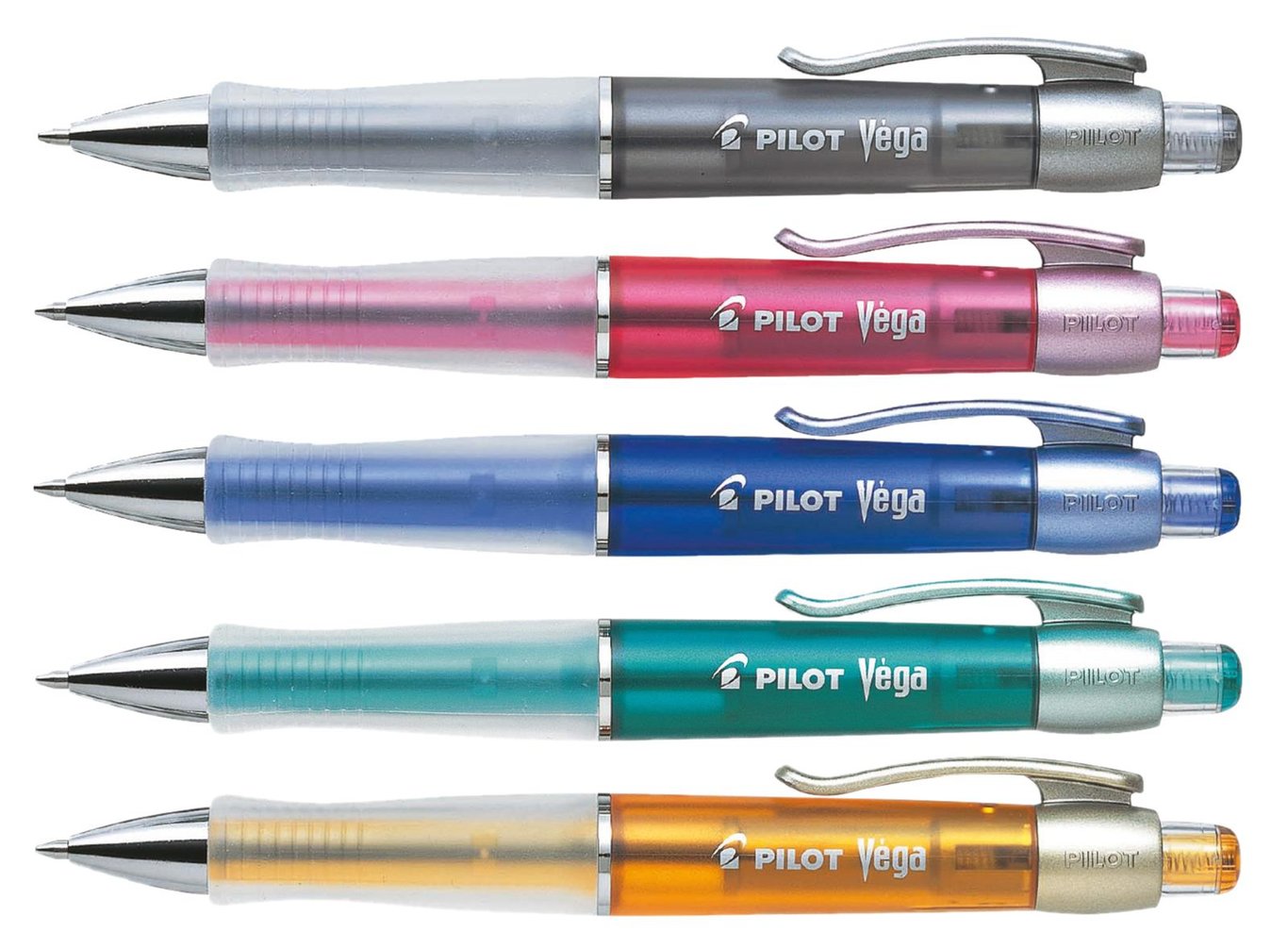 Fem Pilot Vega gelpennor i olika färger: silver, rosa, blå, grön och orange