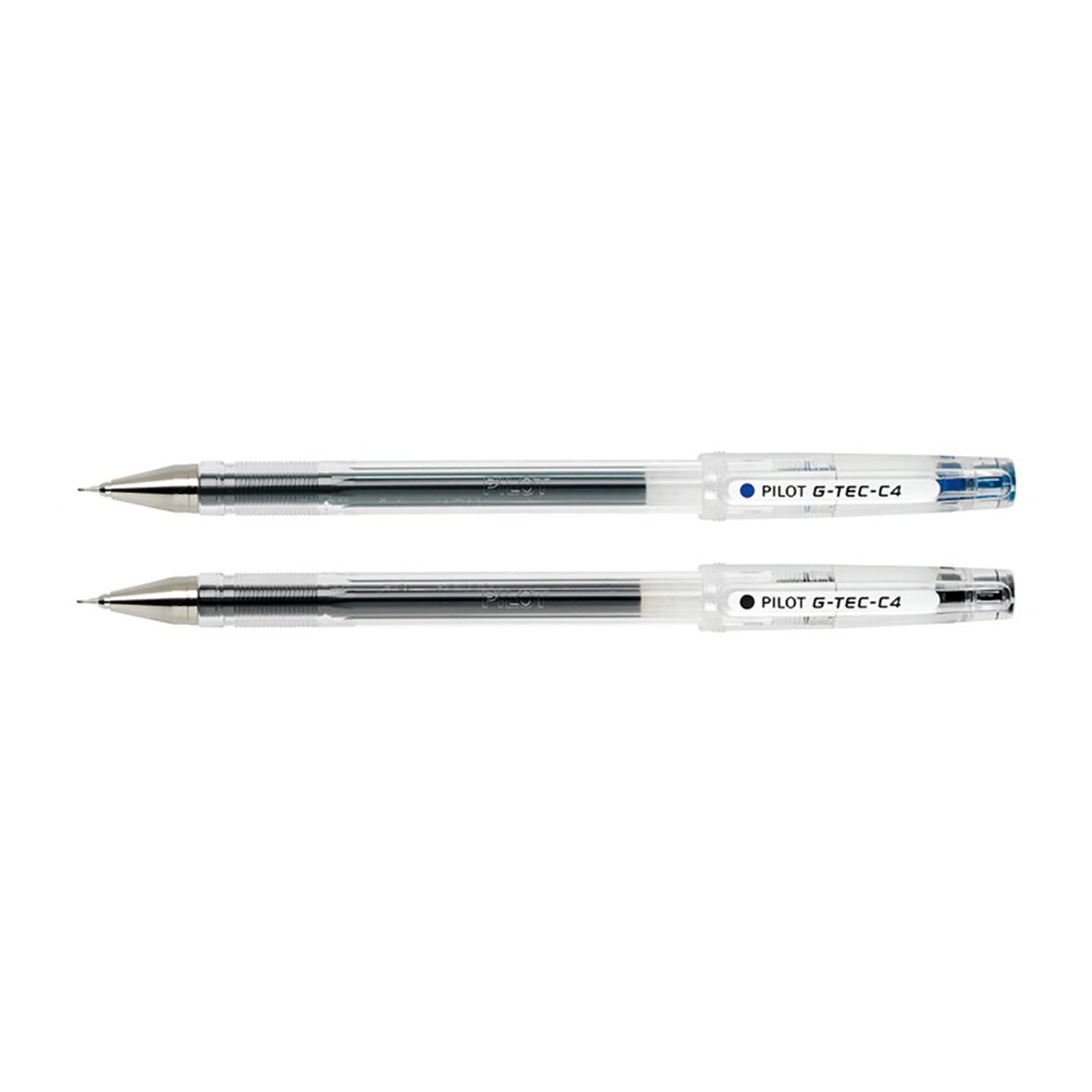 Två Pilot G-Tec C4 0.2 kulspetspennor, en med blå och en med svart bläck