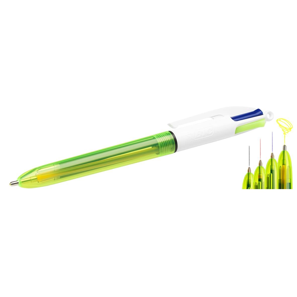 Kulspetspenna Bic Flou 4-färg med vit kropp och grönt bläck