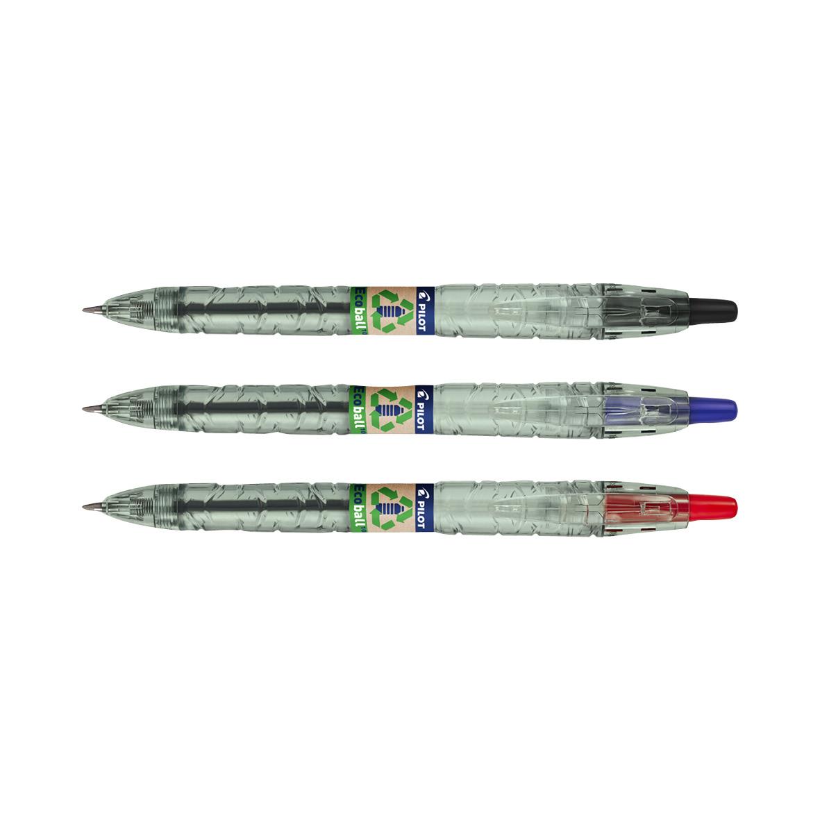 Tre kulspetspennor Pilot B2P Ecoball Begreen 1.0 i grönt, blått och rött bläck