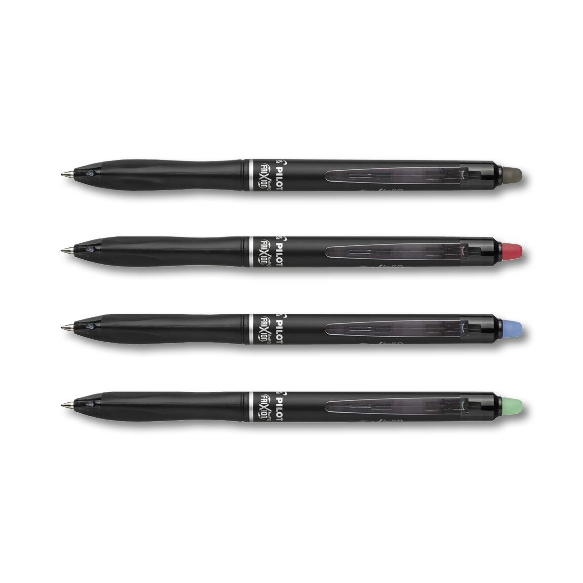 Fyra Pilot Frixion Ball Plus kulspetspennor i olika färger: röd, blå, svart och grön