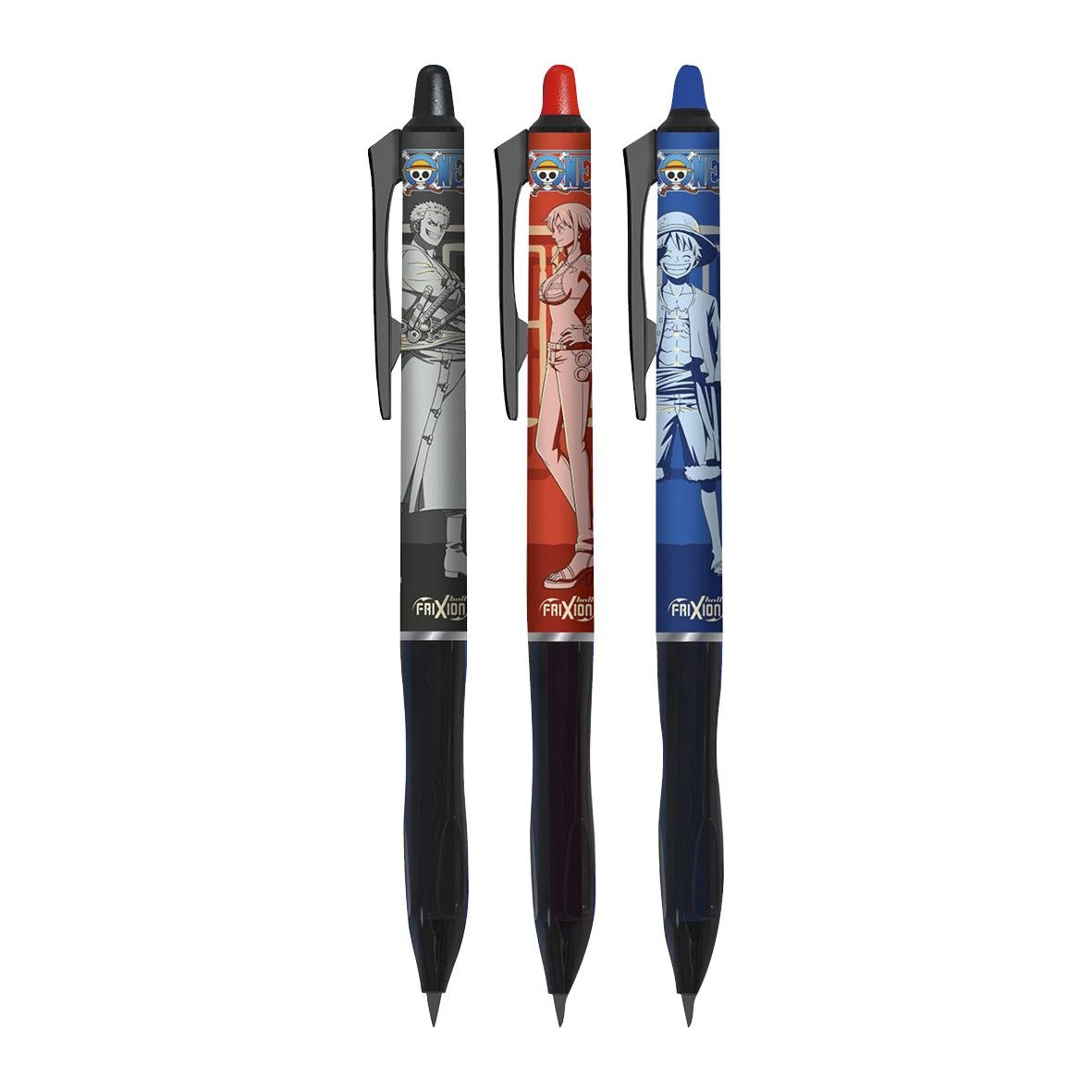 Tre Pilot Frixion Ball Plus One Piece kulspetspennor i svart, rött och blått med Star Wars-tema