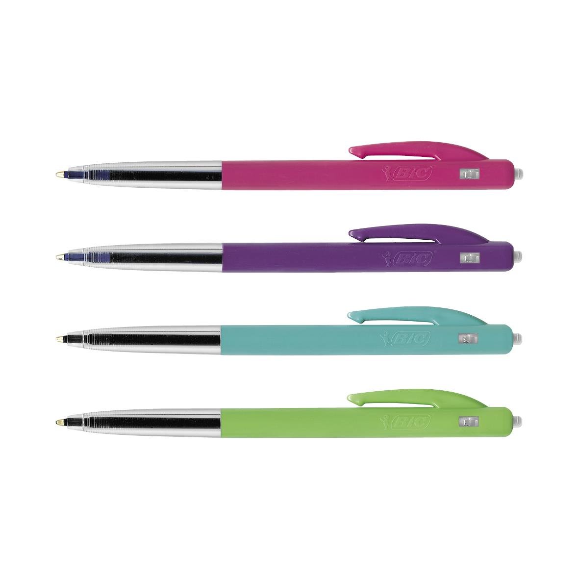 Fyra kulspetspennor Bic Clic M10 i pastellfärger: rosa, lila, blå och grön