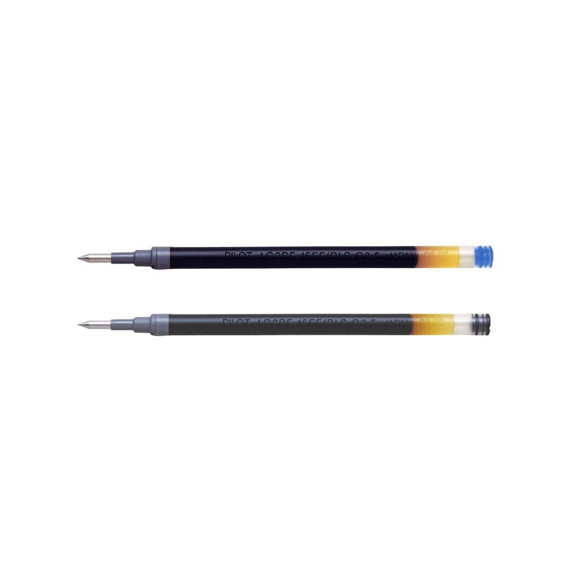 Två gelpennor, en med blå och en med svart bläck, ligger horisontellt på en vit bakgrund