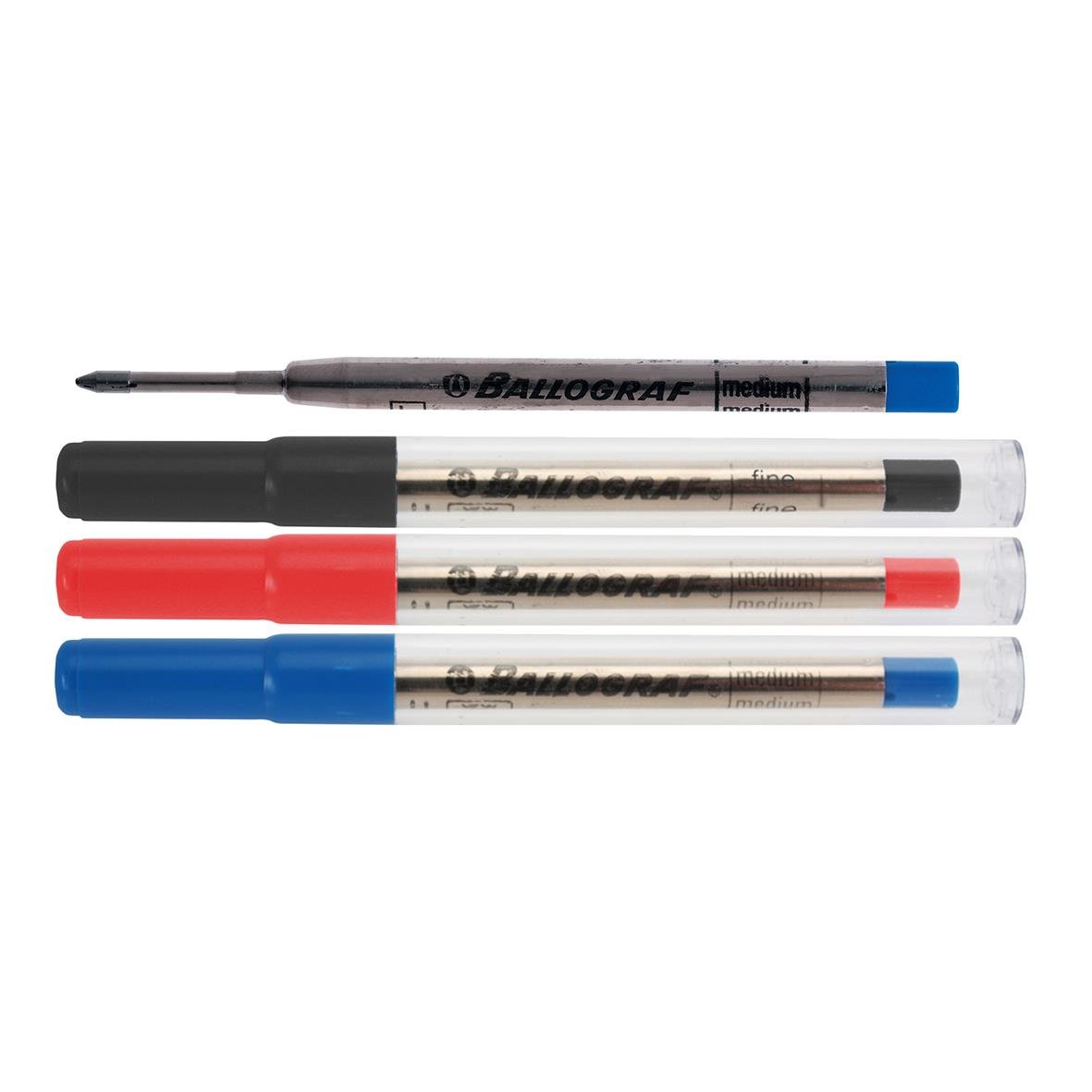 Fyra kulpennor från Ballograf i olika färger: svart, grå, röd och blå